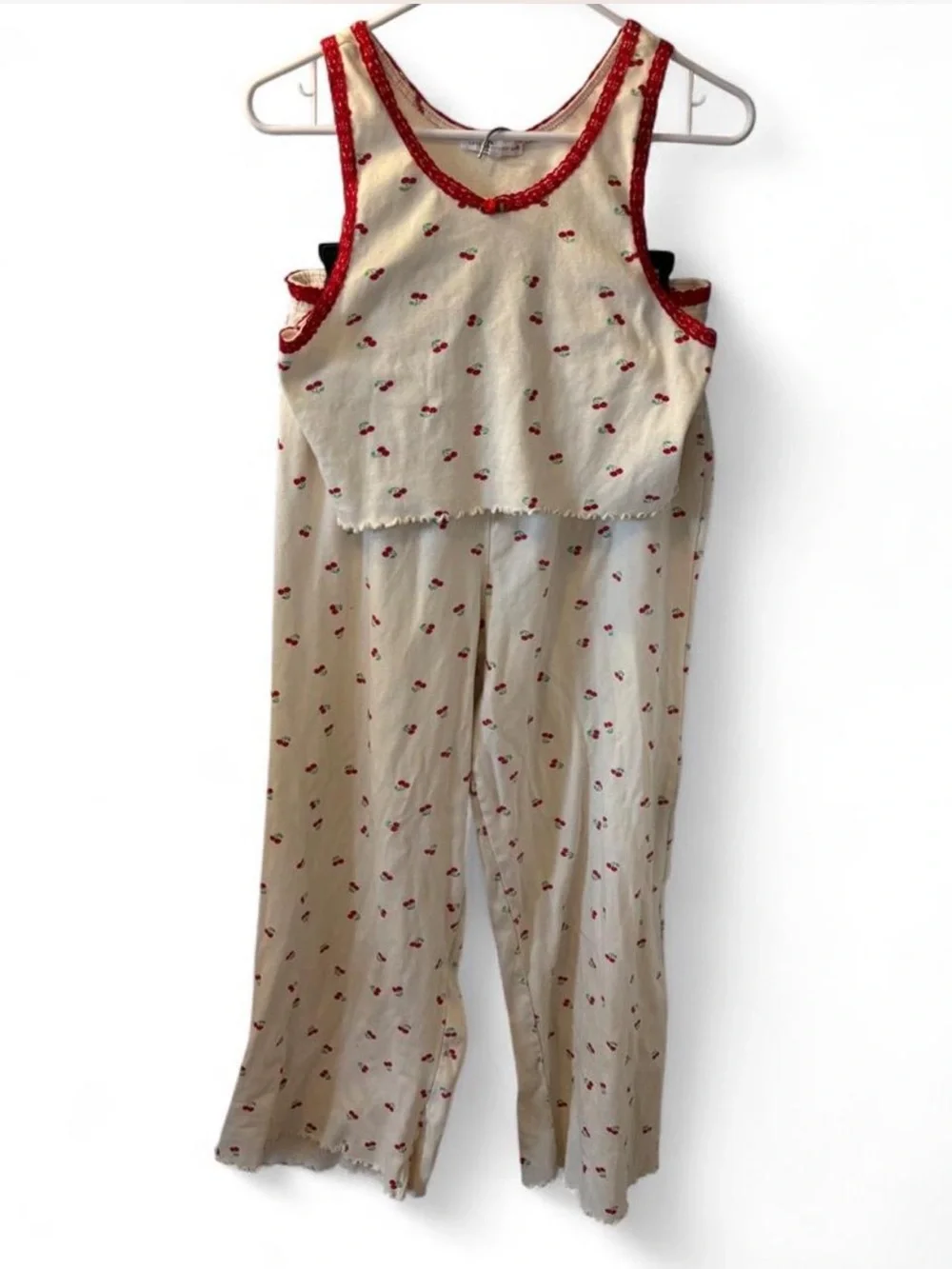 Love Peace & Lazy Days Cream Cherry Print Pajama Set Red Lace Trim 100% Cotton